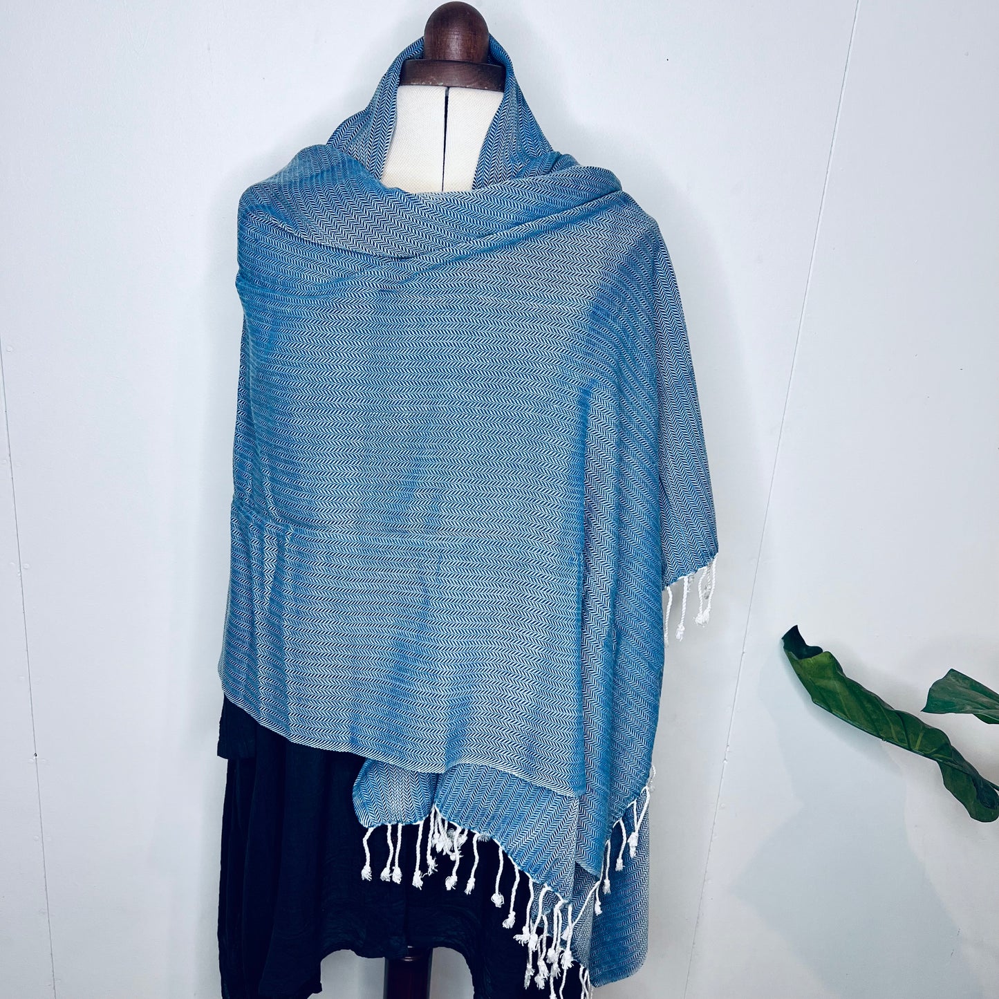 Ocean Blue, Leafy Handwoven 100% Cotton Scarf | Shawl