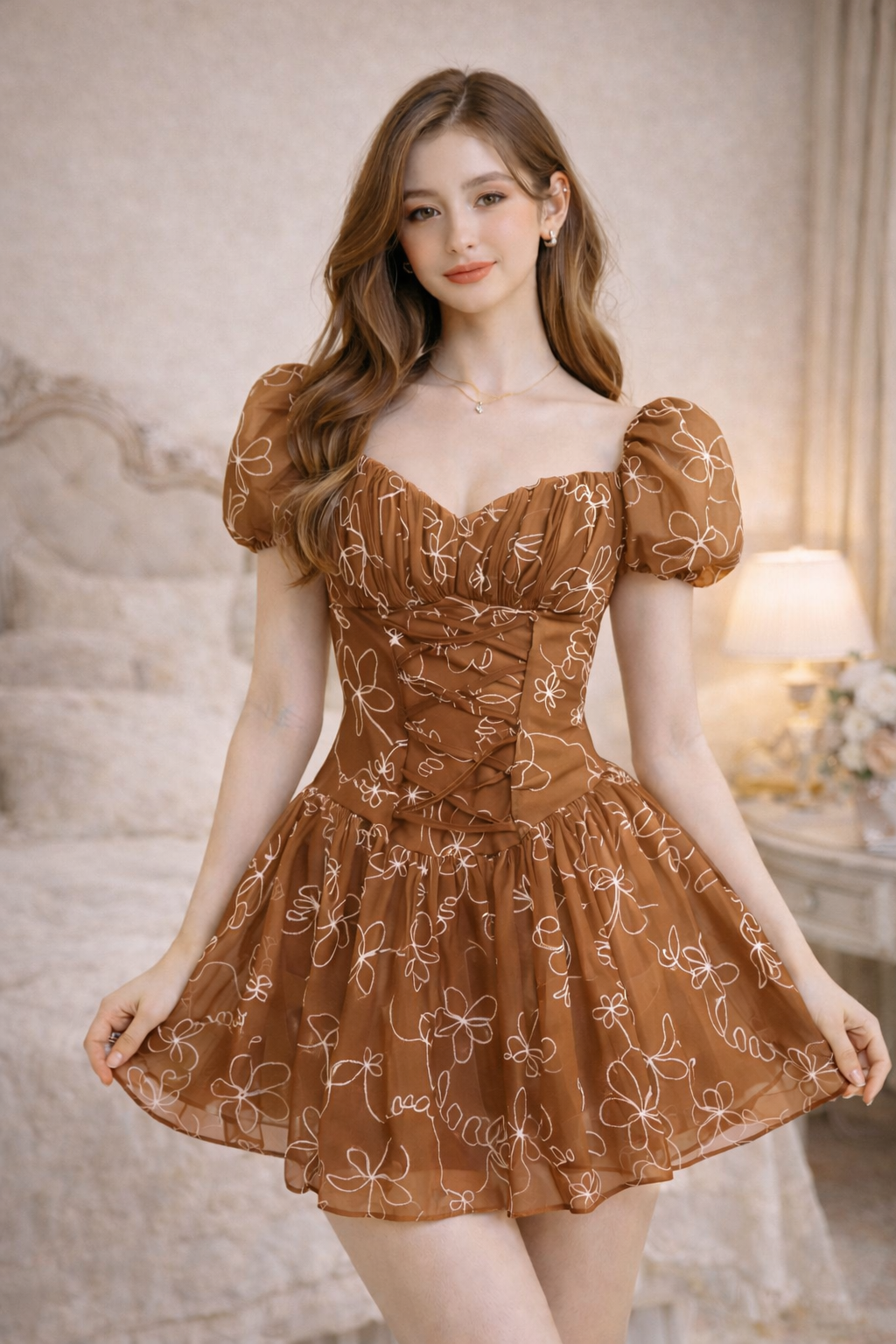 Woman wearing a brown floral puff sleeve mini dress with lace-up corset and puff sleeves, standing indoors