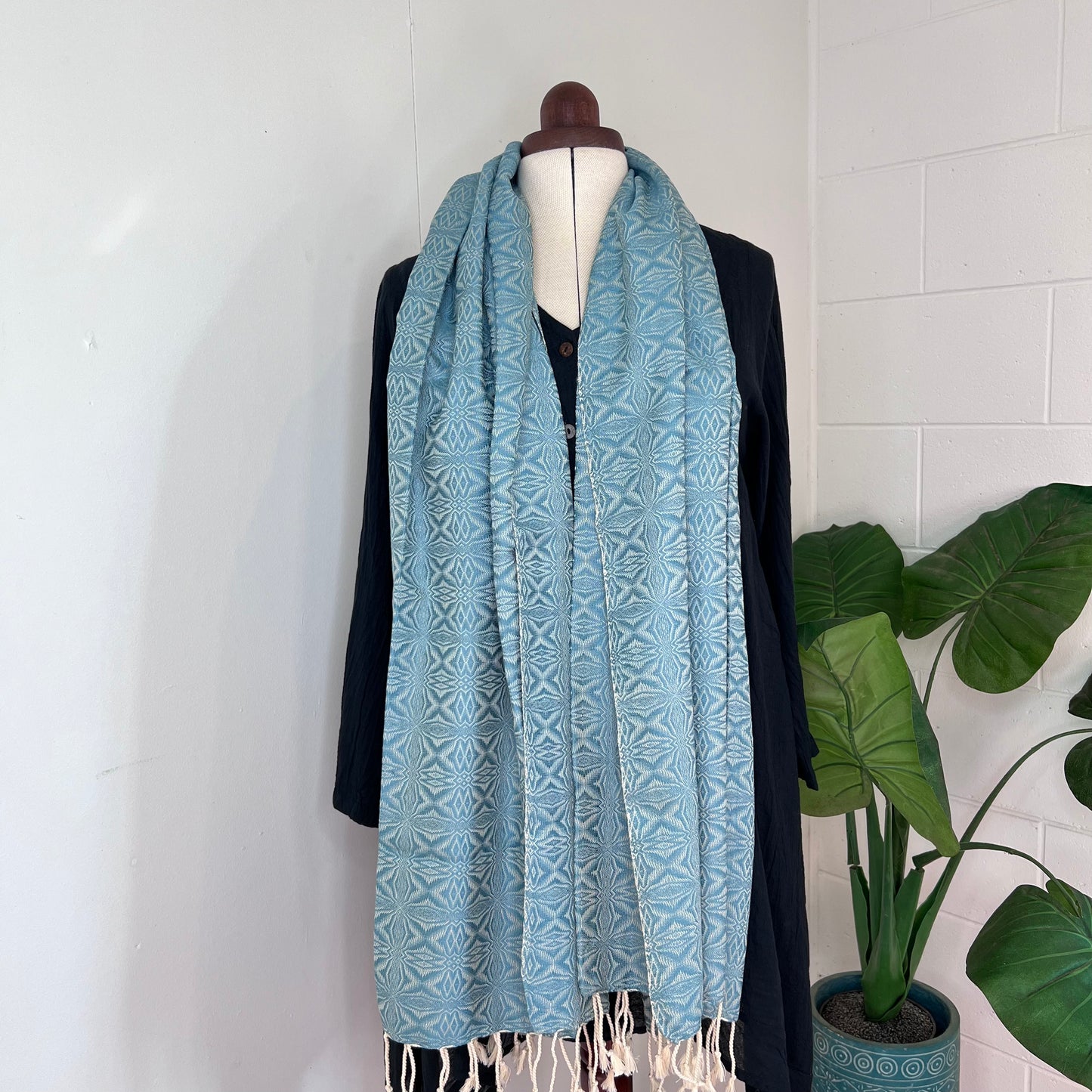 Pastel Blue, Handwoven 100% Cotton Scarf | Shawl - Spiders Patterns