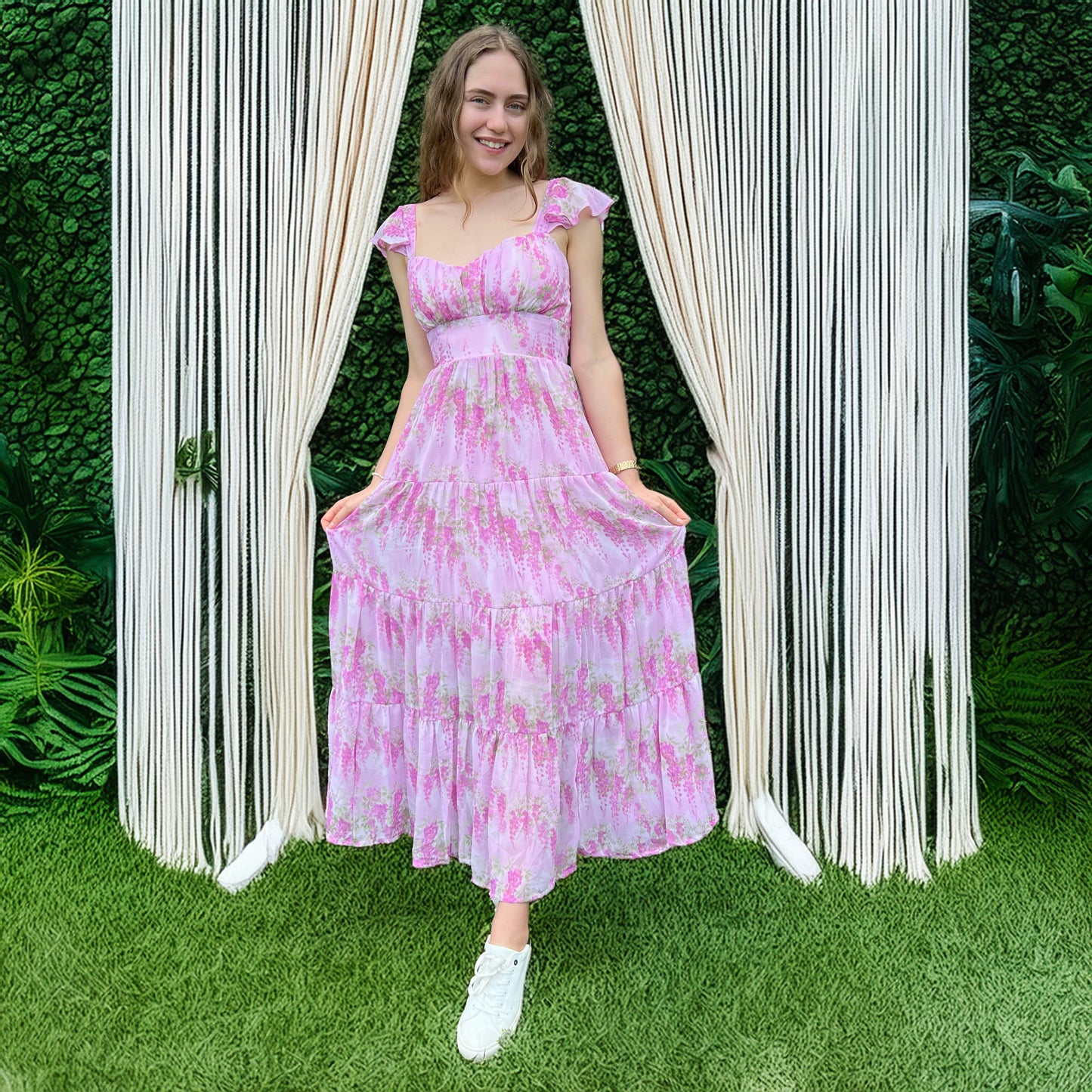 Boho Chic Pink Floral Maxi Dress | Flutter Sleeves | Versatile Summer Style