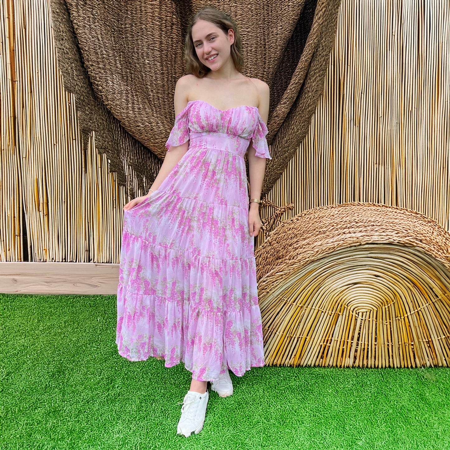 Boho Chic Pink Floral Maxi Dress | Flutter Sleeves | Versatile Summer Style