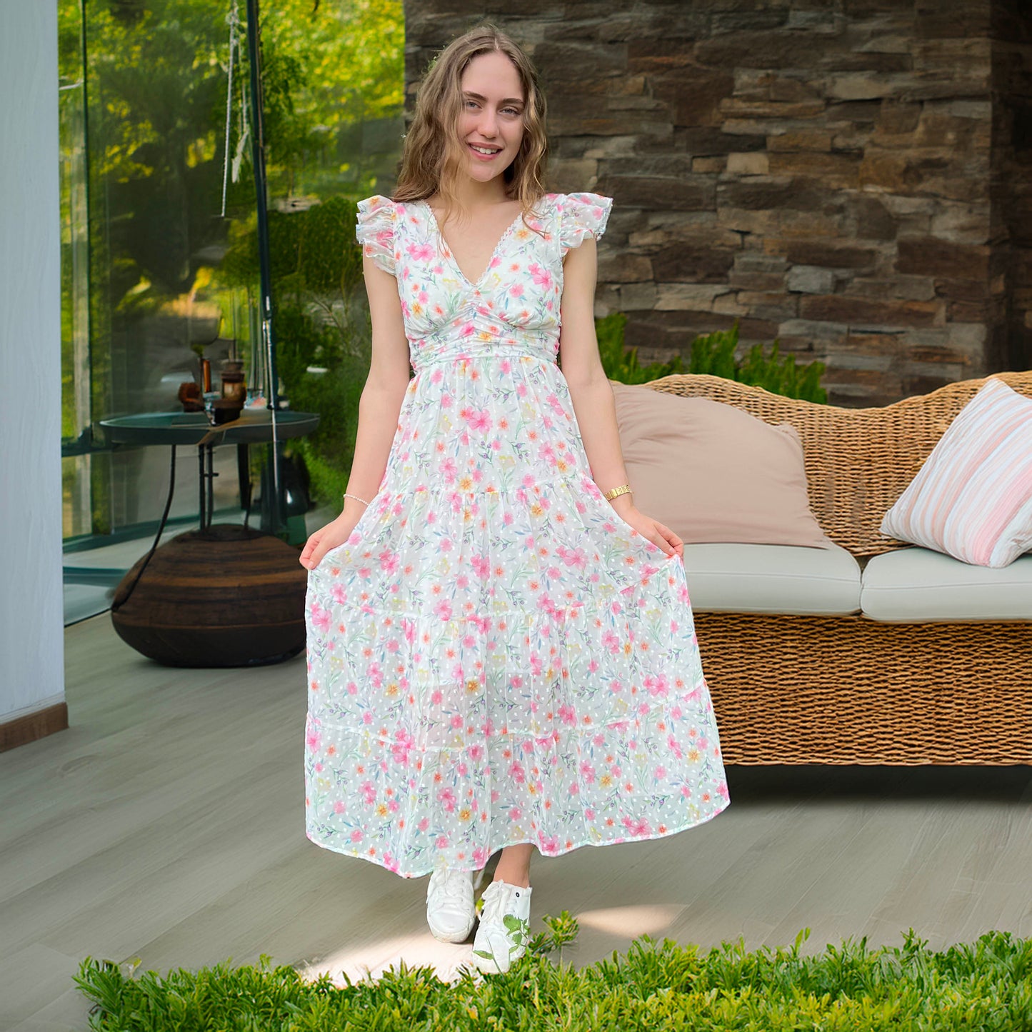 Floral Chiffon Maxi Dress for Women - V-Neck with Flutter Sleeves and Smocked Back