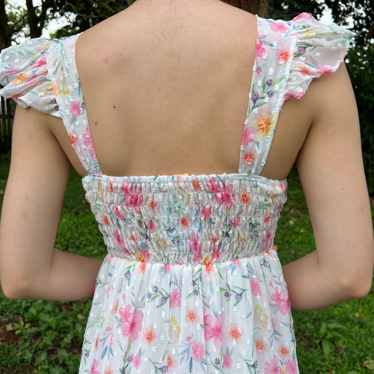 Floral Chiffon Maxi Dress for Women - V-Neck with Flutter Sleeves and Smocked Back