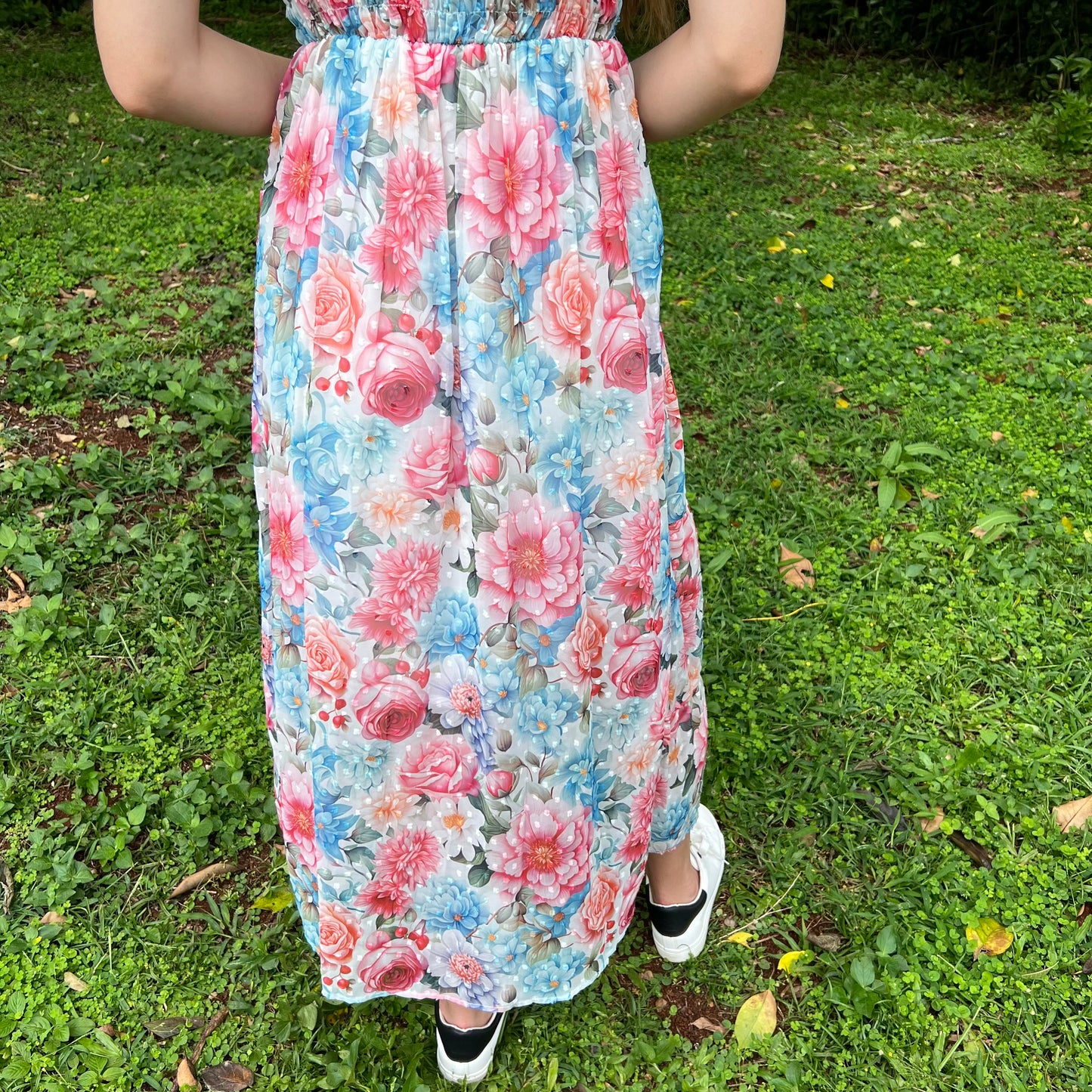 Floral Chiffon Maxi Dress for Women - V-Neck with Flutter Sleeves and Smocked Back