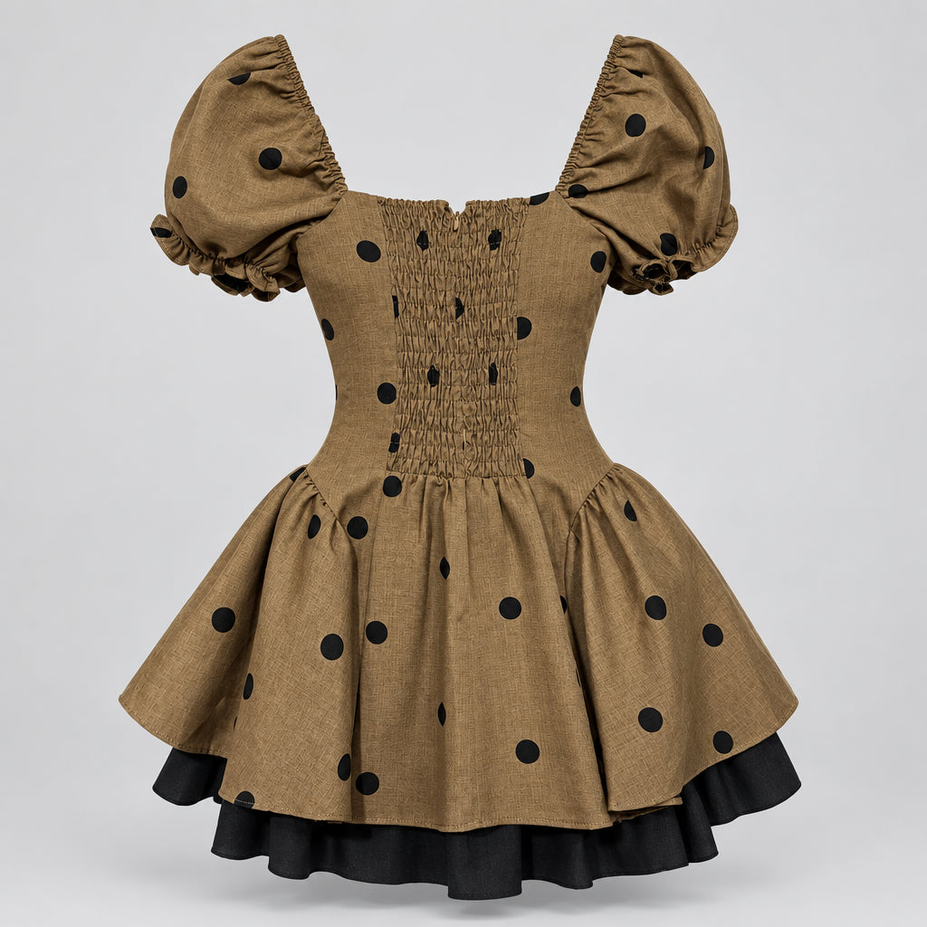 Mocha Polka Dot Puff Sleeve Mini Dress