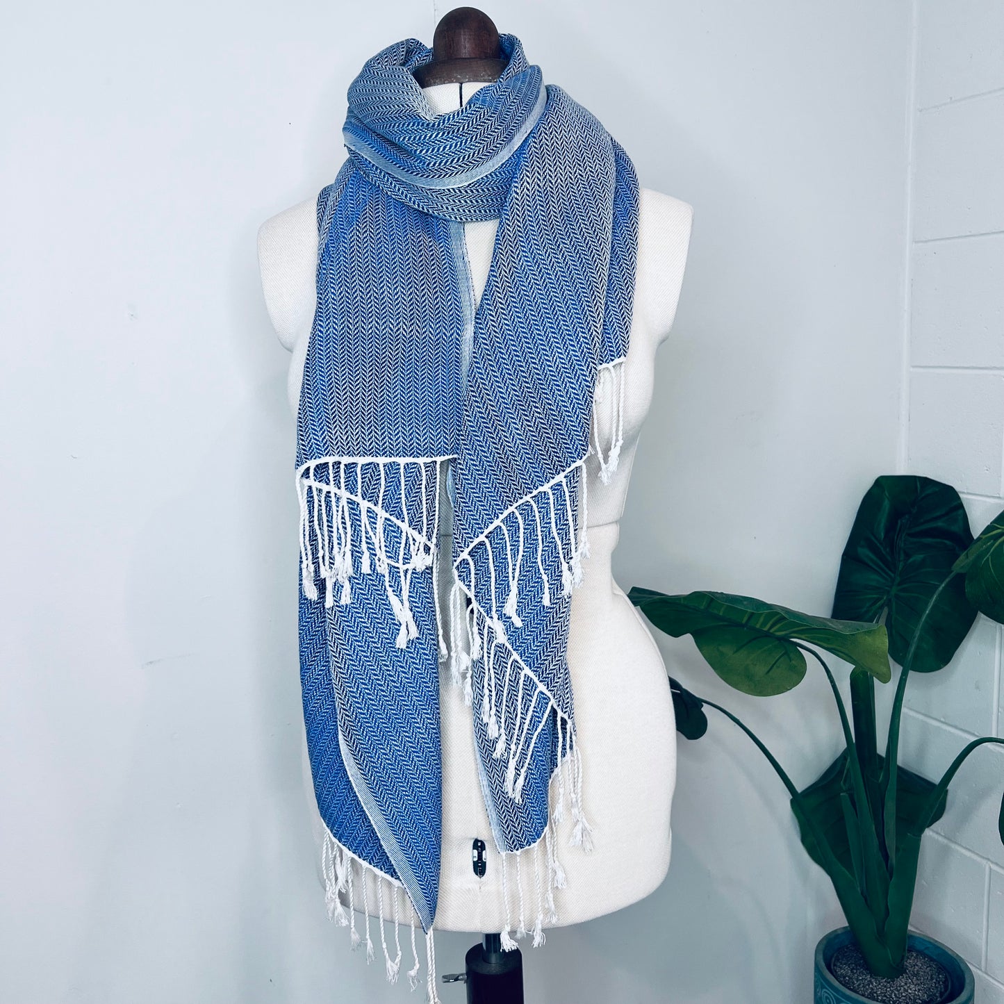 Blue, Leafy Handwoven 100% Cotton Scarf | Shawl