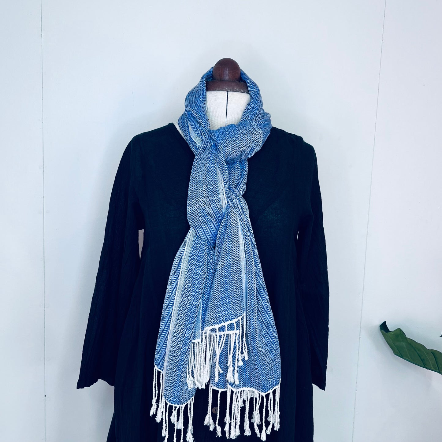 Blue, Leafy Handwoven 100% Cotton Scarf | Shawl