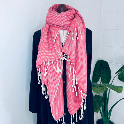 Bright Coral, Petals Handwoven 100% Cotton Scarf | Shawl