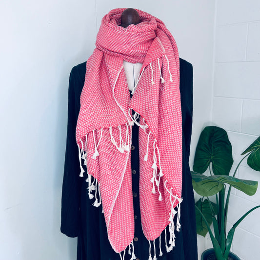 Bright Coral, Petals Handwoven 100% Cotton Scarf | Shawl