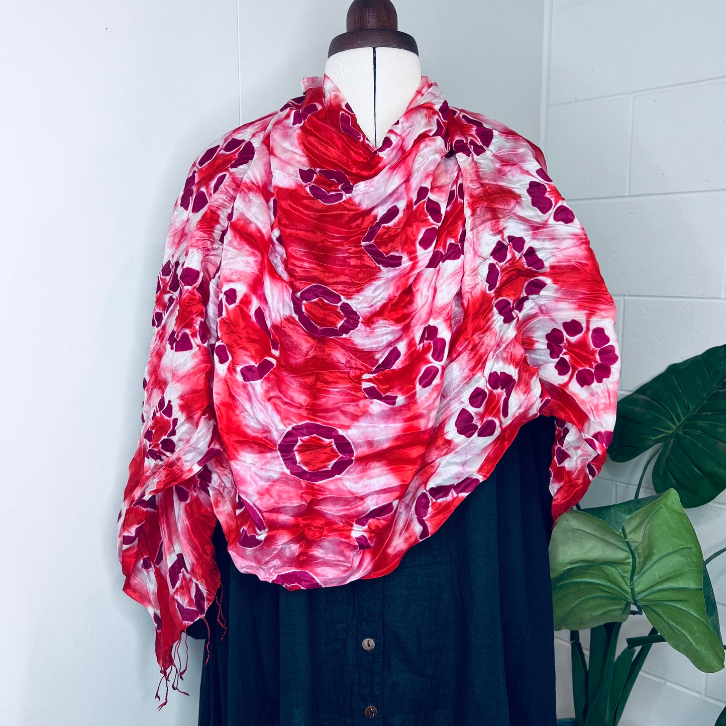 Red, Handwoven 100% Mulberry Silk Scarf with fringes| Scrunched