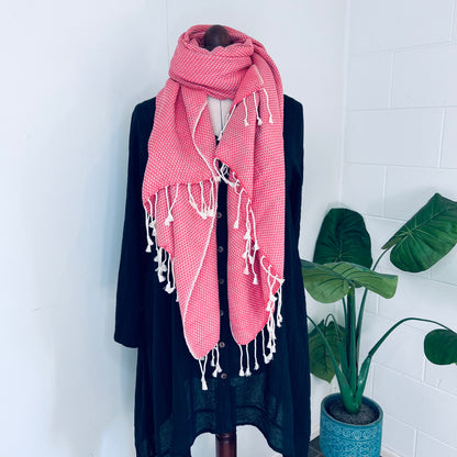 Bright Coral, Petals Handwoven 100% Cotton Scarf | Shawl