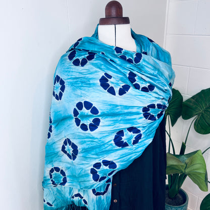 Sky Blue, Handwoven 100% Mulberry Silk Tie Dye Scarf | Scrunched