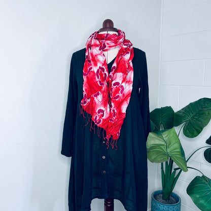 Red, Handwoven 100% Mulberry Silk Scarf with fringes| Scrunched