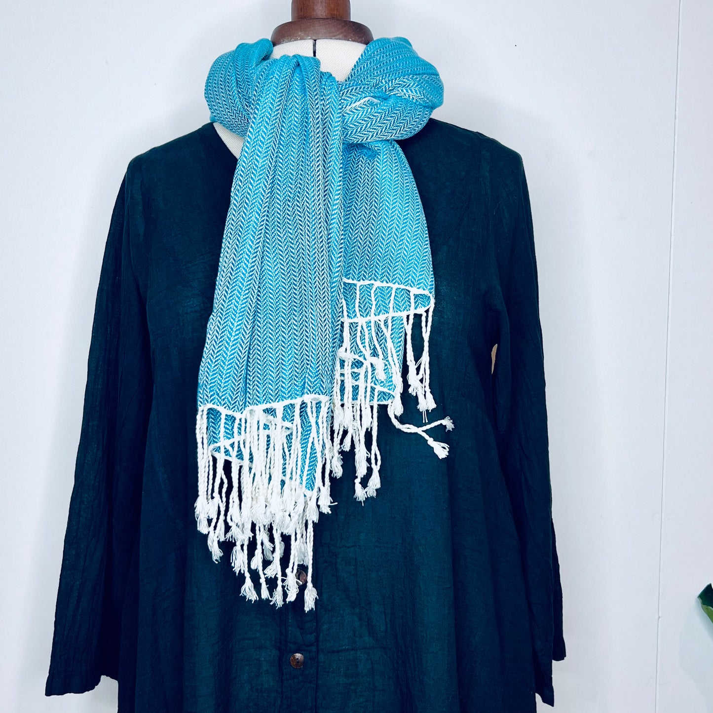 Light Blue, Leafy Handwoven 100% Cotton Scarf | Shawl