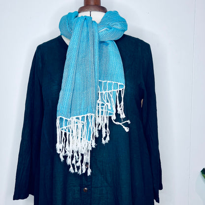 Light Blue, Leafy Handwoven 100% Cotton Scarf | Shawl