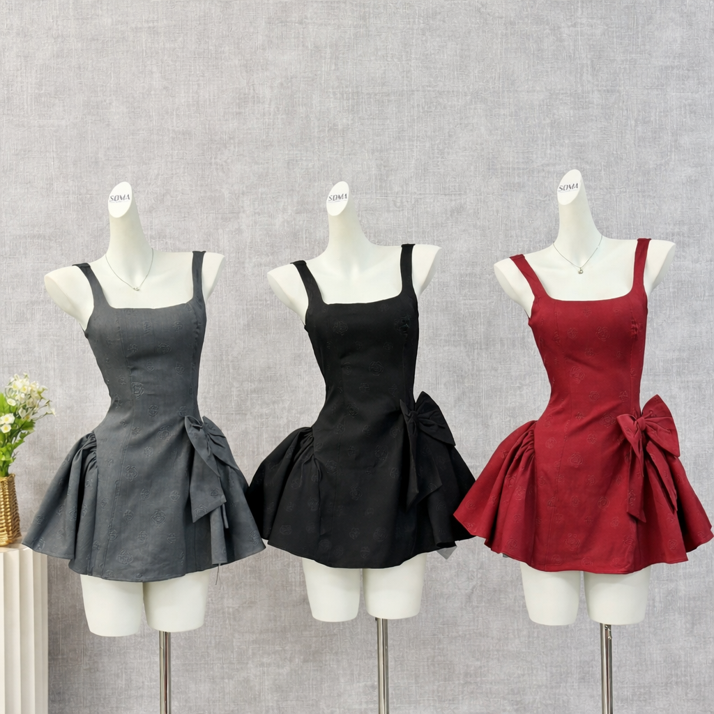 Display of three mini dresses on mannequins in gray, black, and burgundy colors, each with bow detail and flared skirt on neutral background