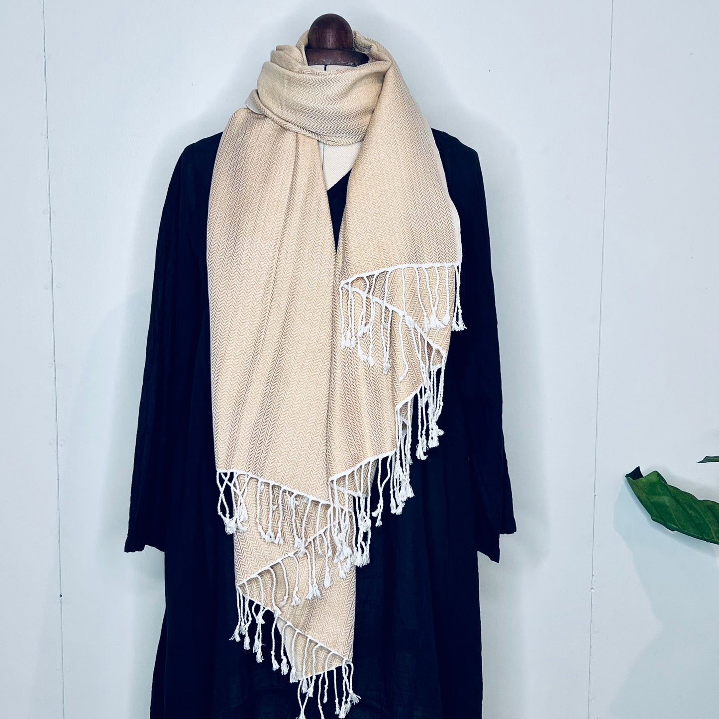 Beige, Leafy Handwoven 100% Cotton Scarf | Shawl