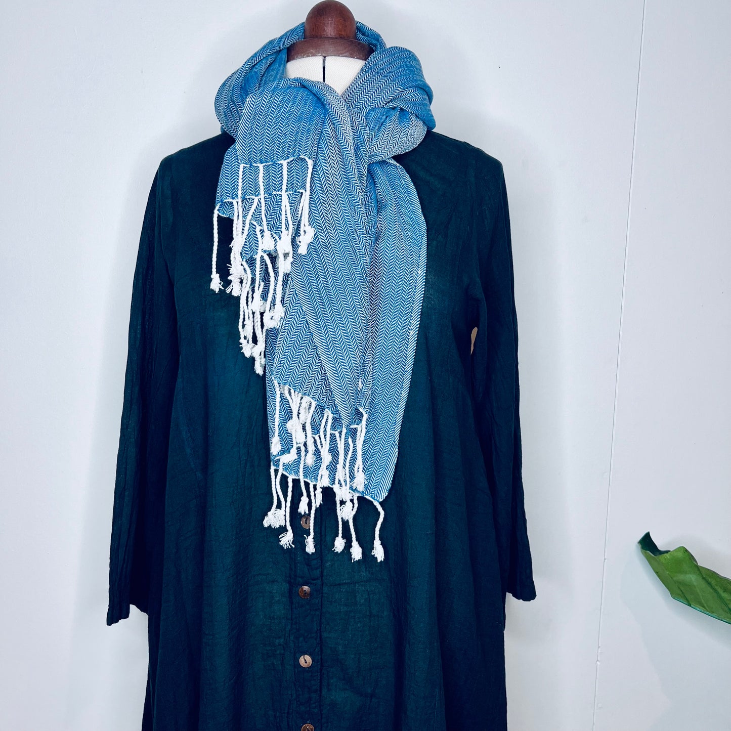 Ocean Blue, Leafy Handwoven 100% Cotton Scarf | Shawl