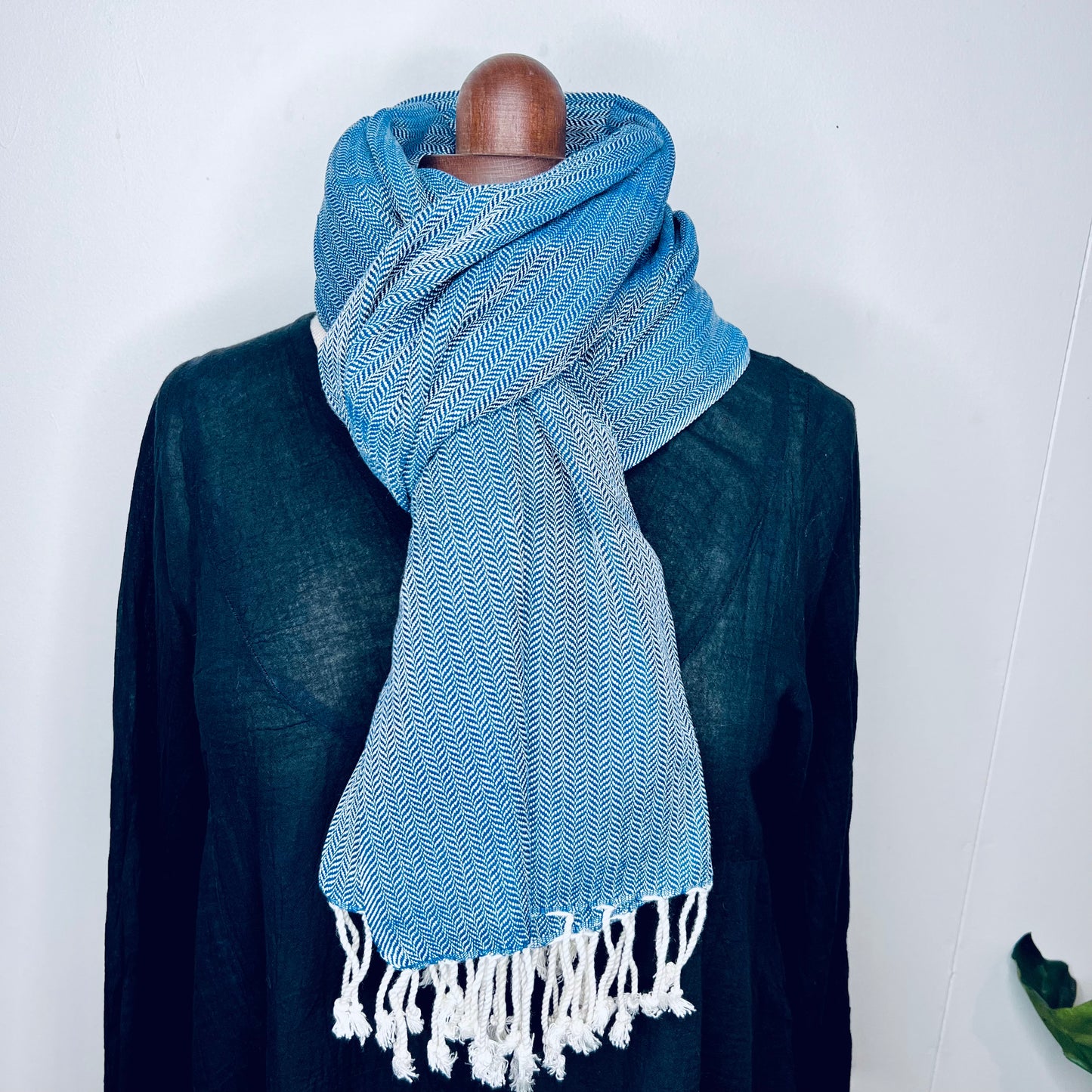 Ocean Blue, Leafy Handwoven 100% Cotton Scarf | Shawl