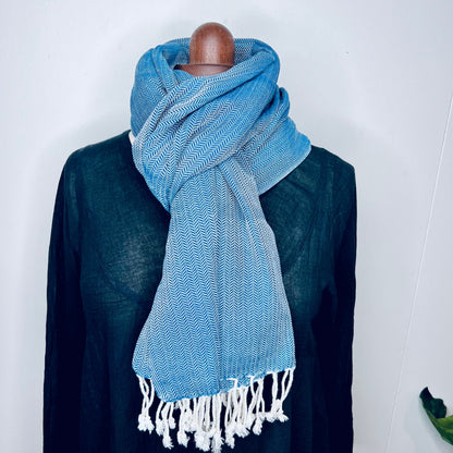 Ocean Blue, Leafy Handwoven 100% Cotton Scarf | Shawl