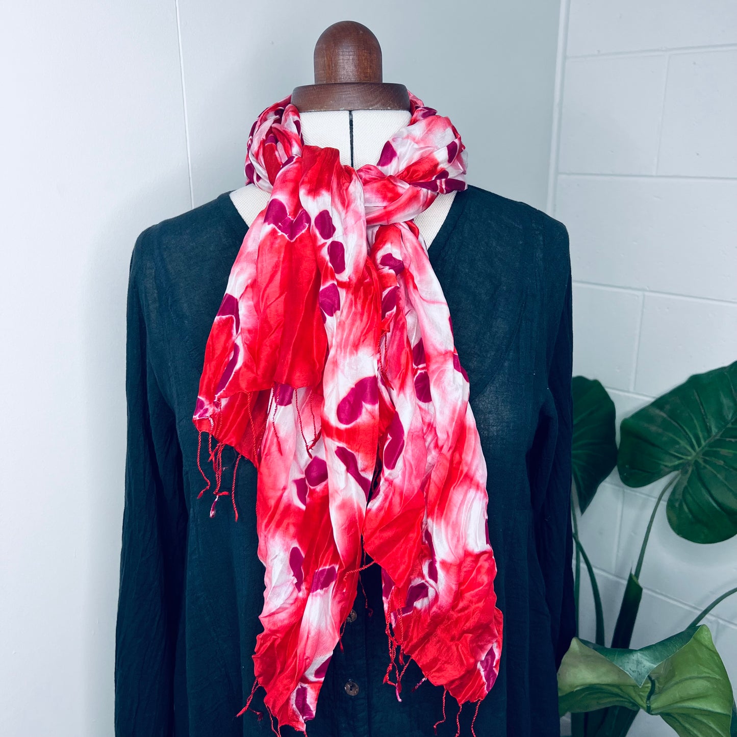 Red, Handwoven 100% Mulberry Silk Scarf with fringes| Scrunched