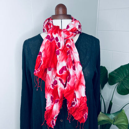 Red, Handwoven 100% Mulberry Silk Scarf with fringes| Scrunched