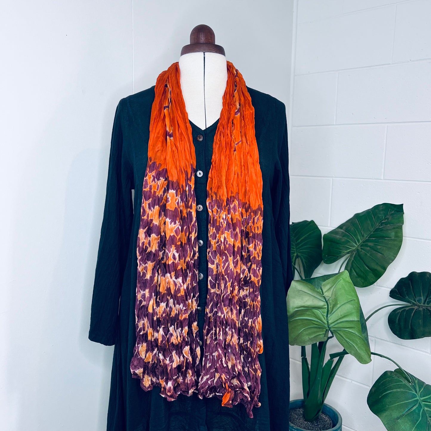 Orange, Handwoven 100% Mulberry Silk Tie Dye Scarf | Scrunched