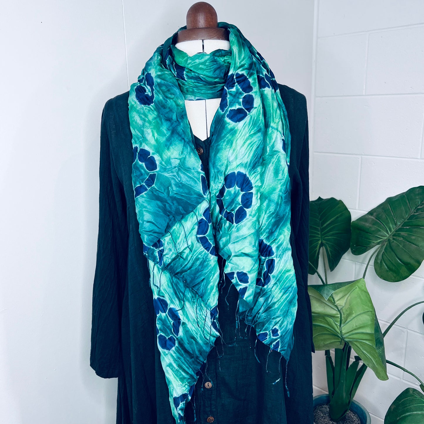 Turf Green, Handwoven 100% Mulberry Silk Tie Dye Scarf | Scrunched