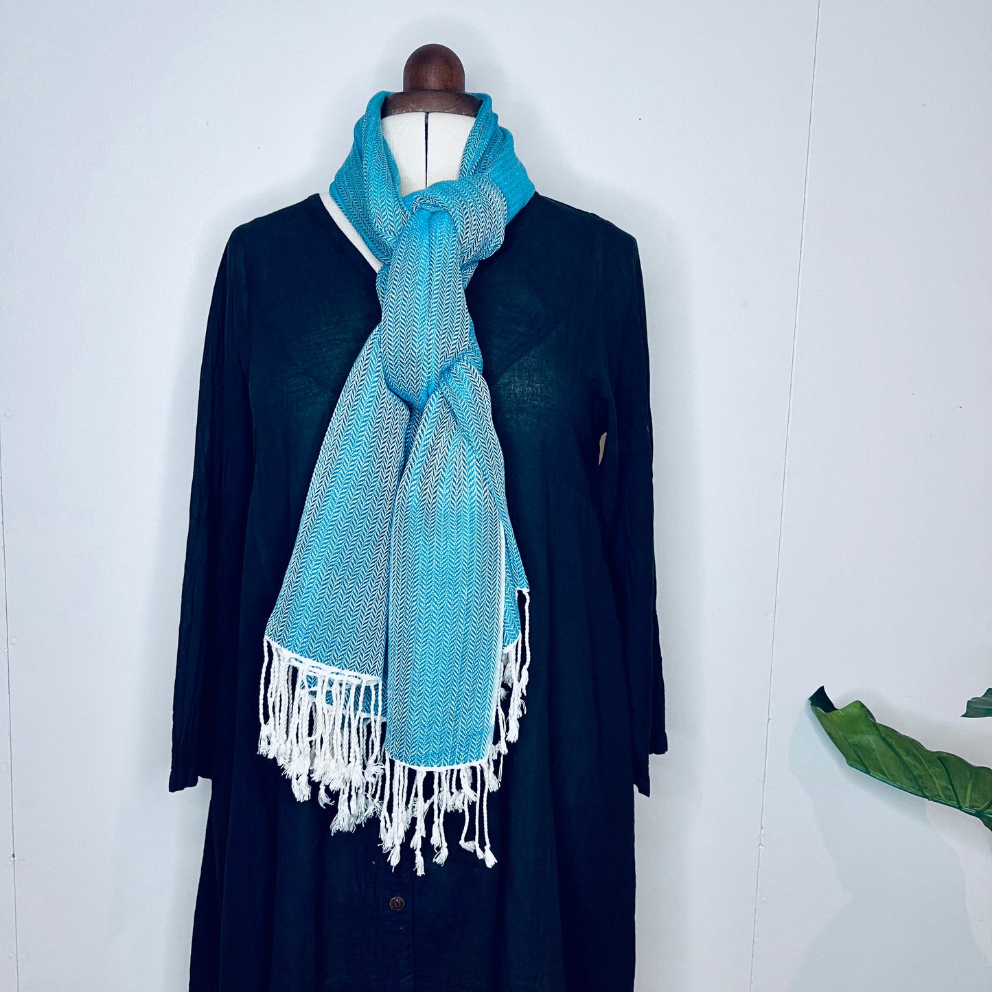 Light Blue, Leafy Handwoven 100% Cotton Scarf | Shawl