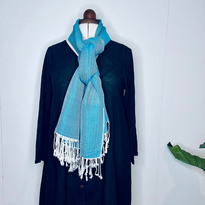 Light Blue, Leafy Handwoven 100% Cotton Scarf | Shawl