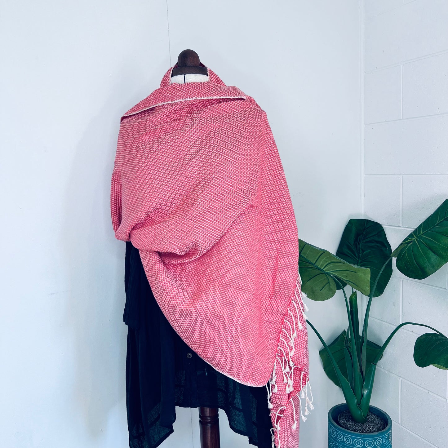 Bright Coral, Petals Handwoven 100% Cotton Scarf | Shawl
