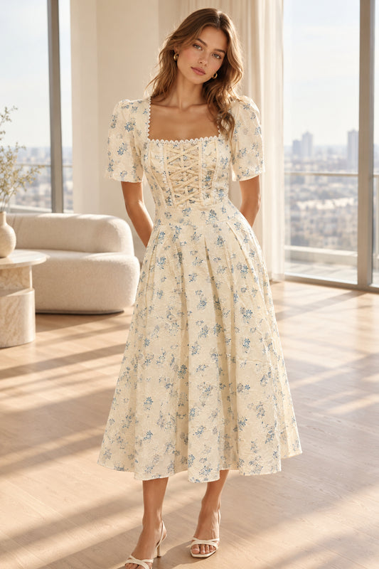 Cream midi dress with blue flowers, floral embroidery and a decorative lace-up bodice.