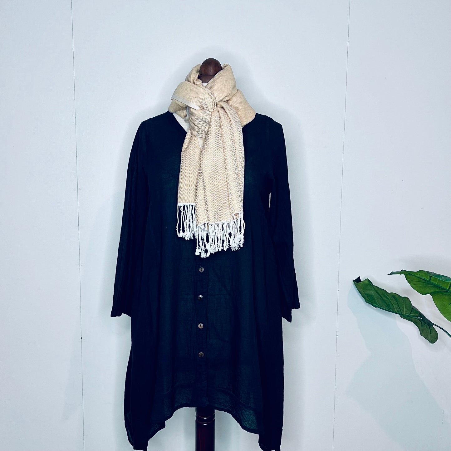 Beige, Leafy Handwoven 100% Cotton Scarf | Shawl