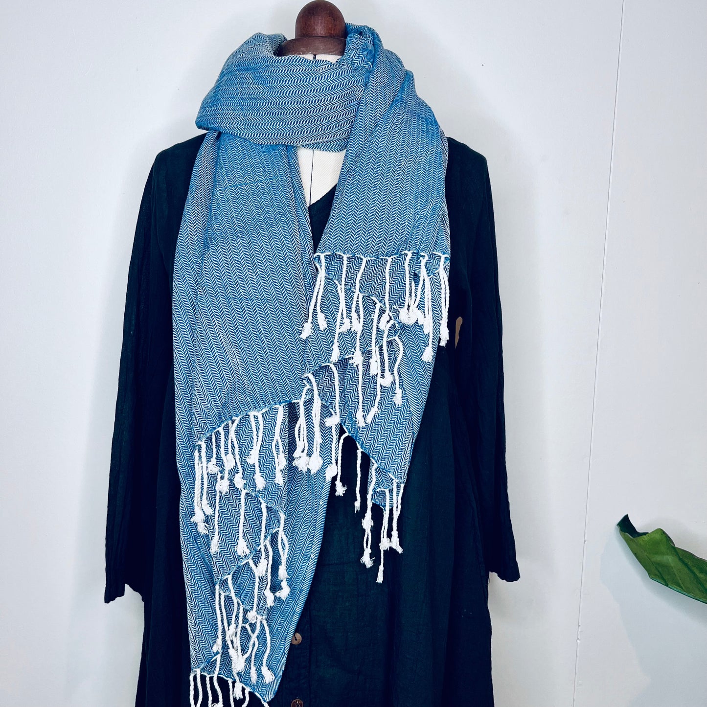 Ocean Blue, Leafy Handwoven 100% Cotton Scarf | Shawl
