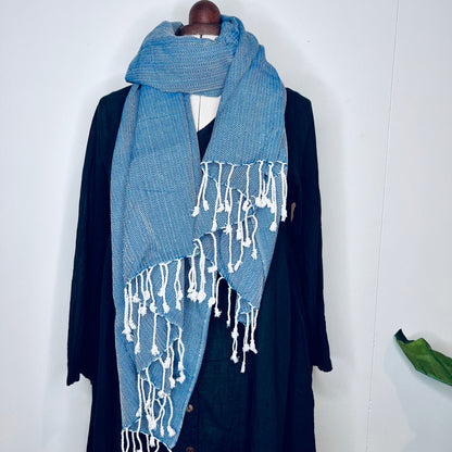 Ocean Blue, Leafy Handwoven 100% Cotton Scarf | Shawl