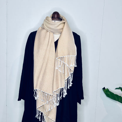 Beige, Leafy Handwoven 100% Cotton Scarf | Shawl