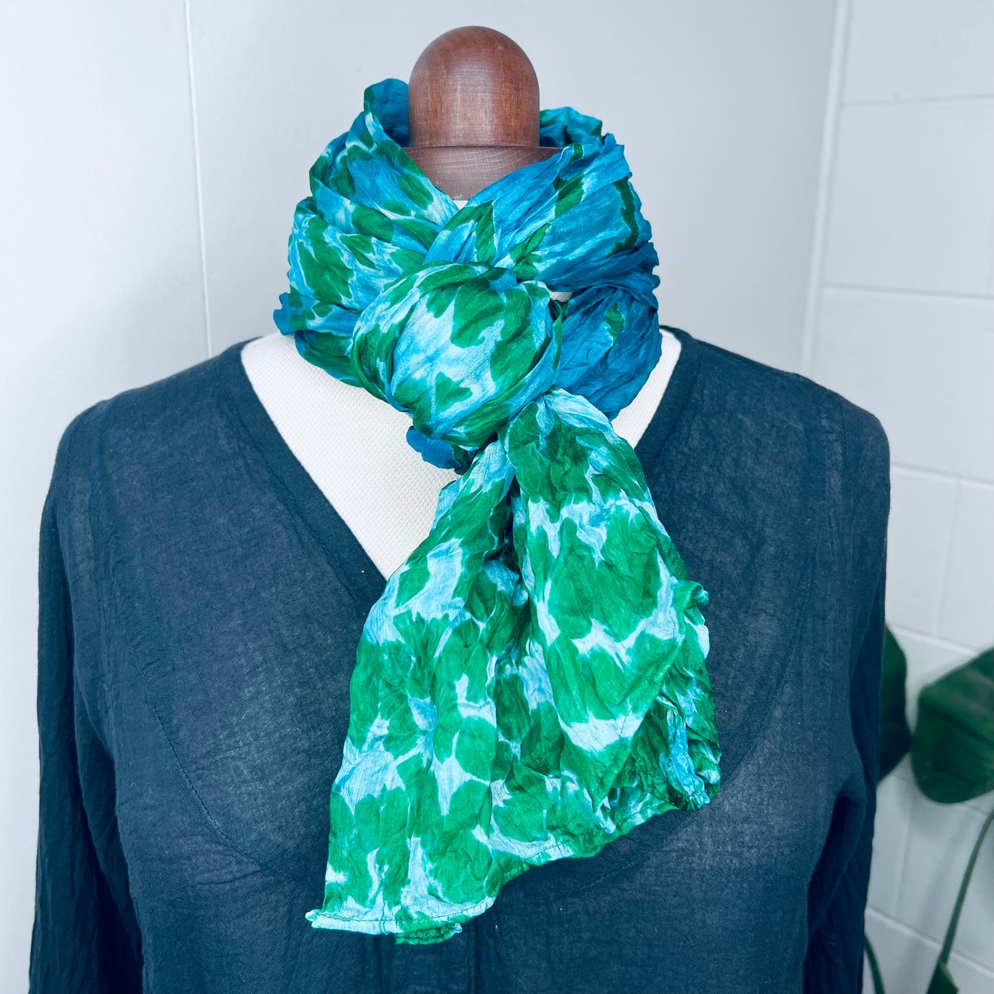 Sapphire, Handwoven 100% Mulberry Silk Tie Dye Scarf | Scrunched
