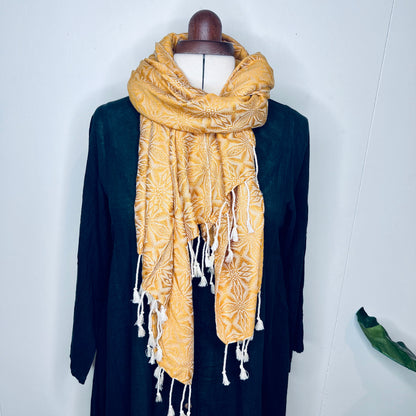 Gold, Handwoven 100% Cotton Scarf | Shawl - Spiders Patterns