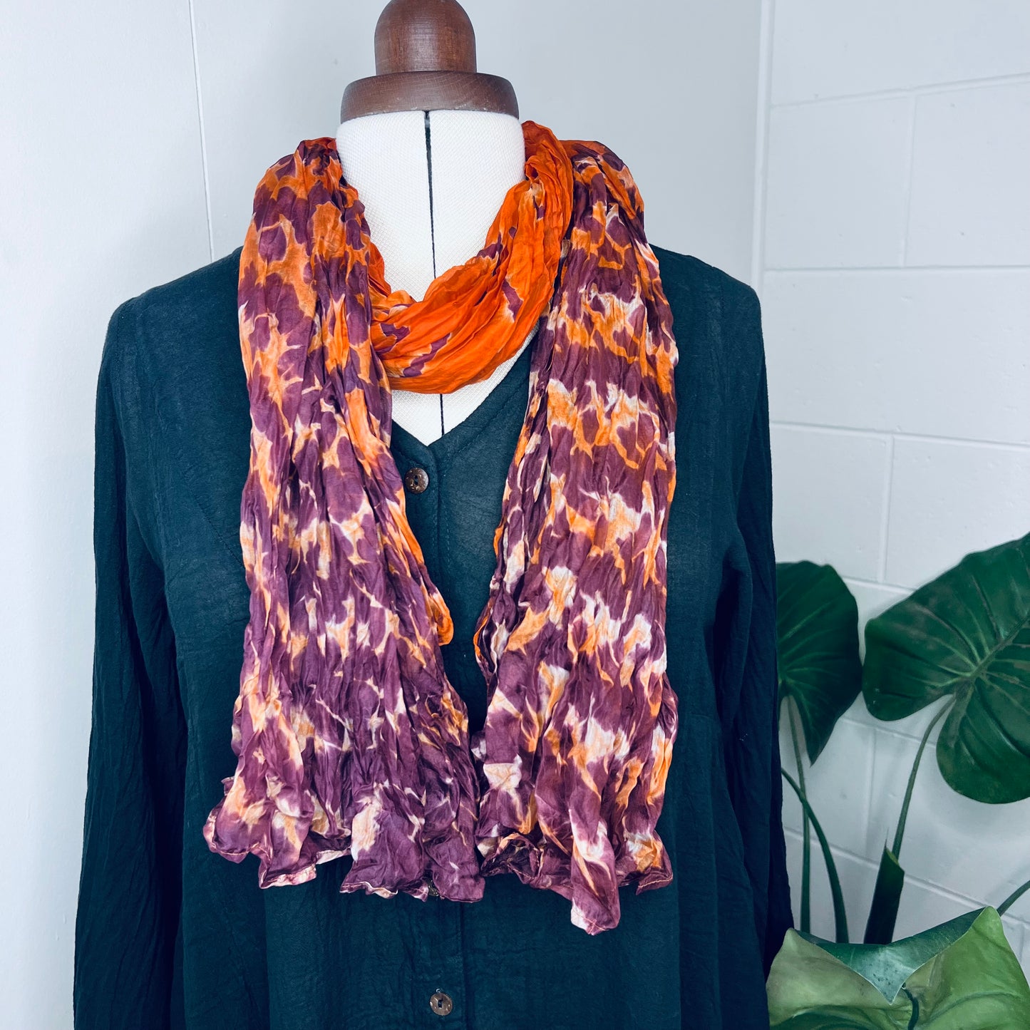Orange, Handwoven 100% Mulberry Silk Tie Dye Scarf | Scrunched