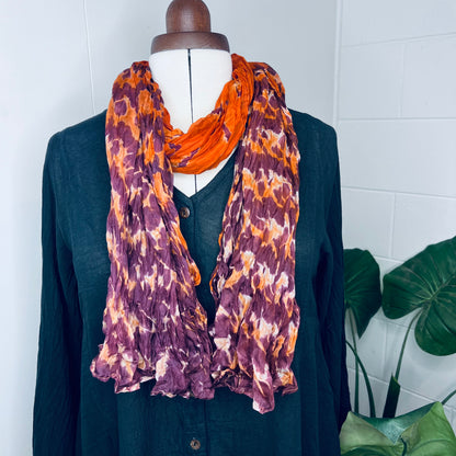 Orange, Handwoven 100% Mulberry Silk Tie Dye Scarf | Scrunched