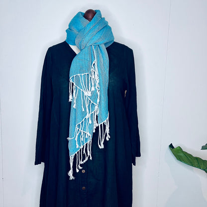 Light Blue, Leafy Handwoven 100% Cotton Scarf | Shawl