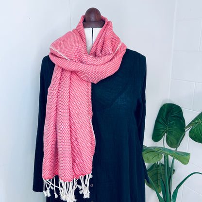 Bright Coral, Petals Handwoven 100% Cotton Scarf | Shawl