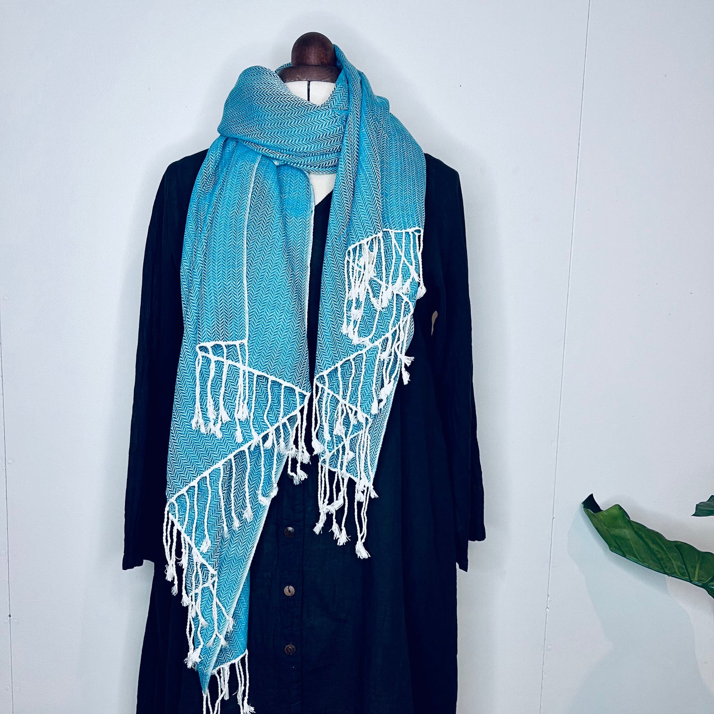 Light Blue, Leafy Handwoven 100% Cotton Scarf | Shawl