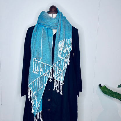 Light Blue, Leafy Handwoven 100% Cotton Scarf | Shawl