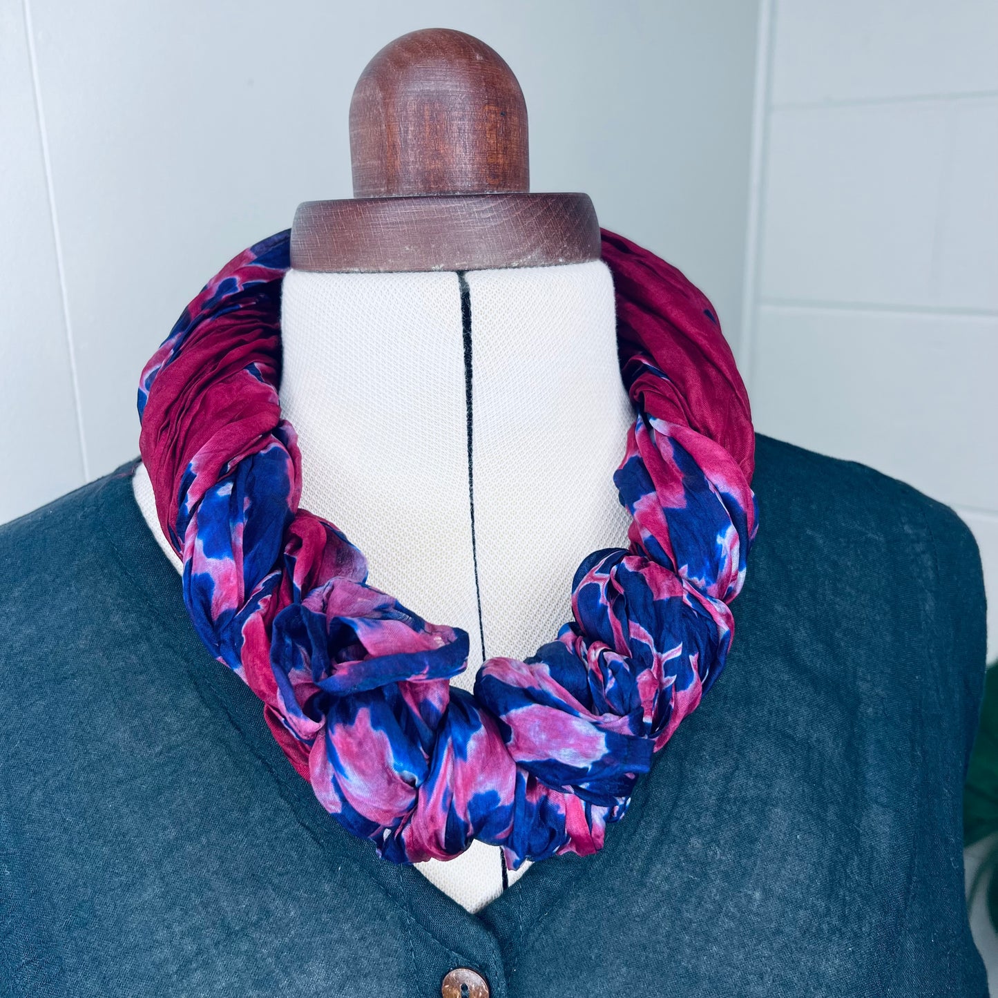 Antique Cherry Red, Handwoven 100% Mulberry Silk Tie Dye Scarf | Scrunched