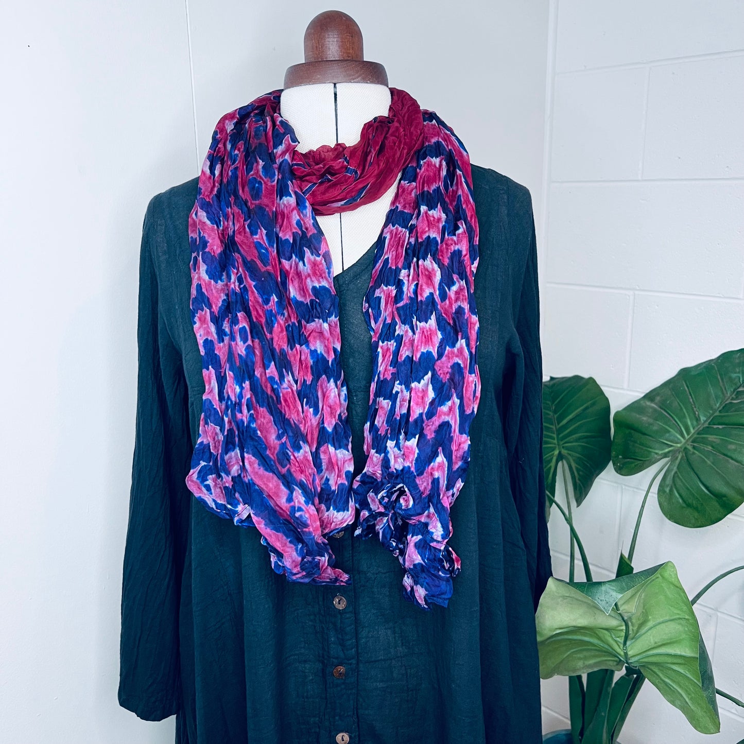Antique Cherry Red, Handwoven 100% Mulberry Silk Tie Dye Scarf | Scrunched
