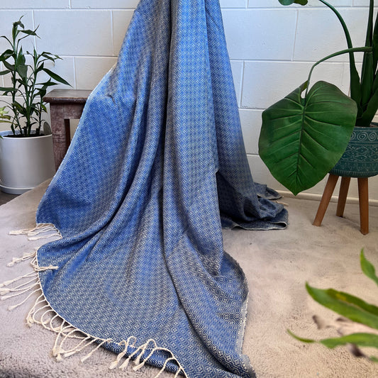 Ocean Blue, Handwoven 100% Cotton Throw Blanket