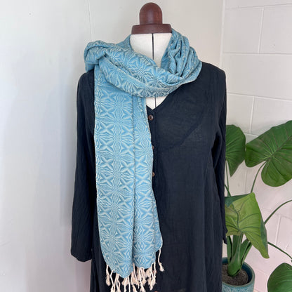 Pastel Blue, Handwoven 100% Cotton Scarf | Shawl - Spiders Patterns