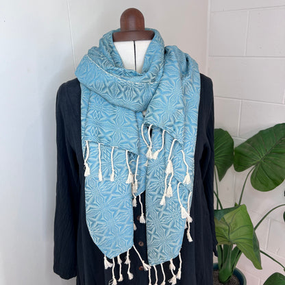 Pastel Blue, Handwoven 100% Cotton Scarf | Shawl - Spiders Patterns