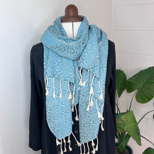 Pastel Blue, Handwoven 100% Cotton Scarf | Shawl - Spiders Patterns